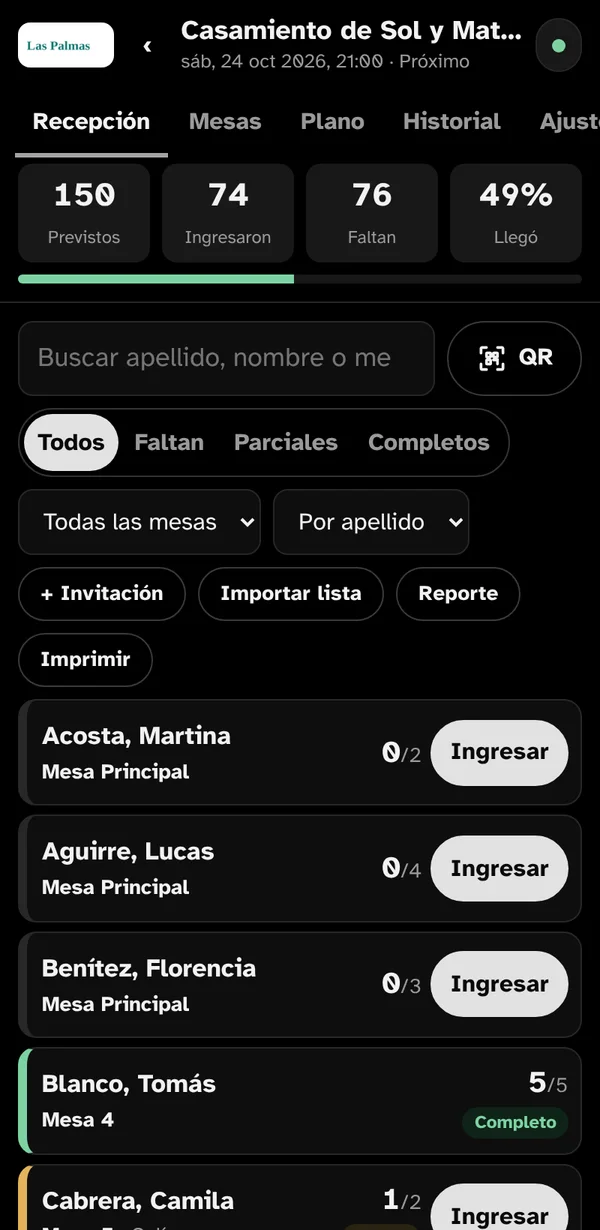 Pantalla de recepción con la lista de invitados, cuántos llegaron y el botón Ingresar